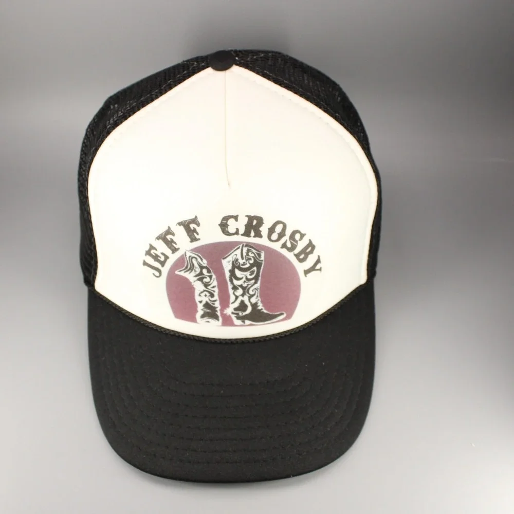 VINTAGE Jeff Crosby Hat‎ Cap Foam Snapback Trucker Black White Country Rock